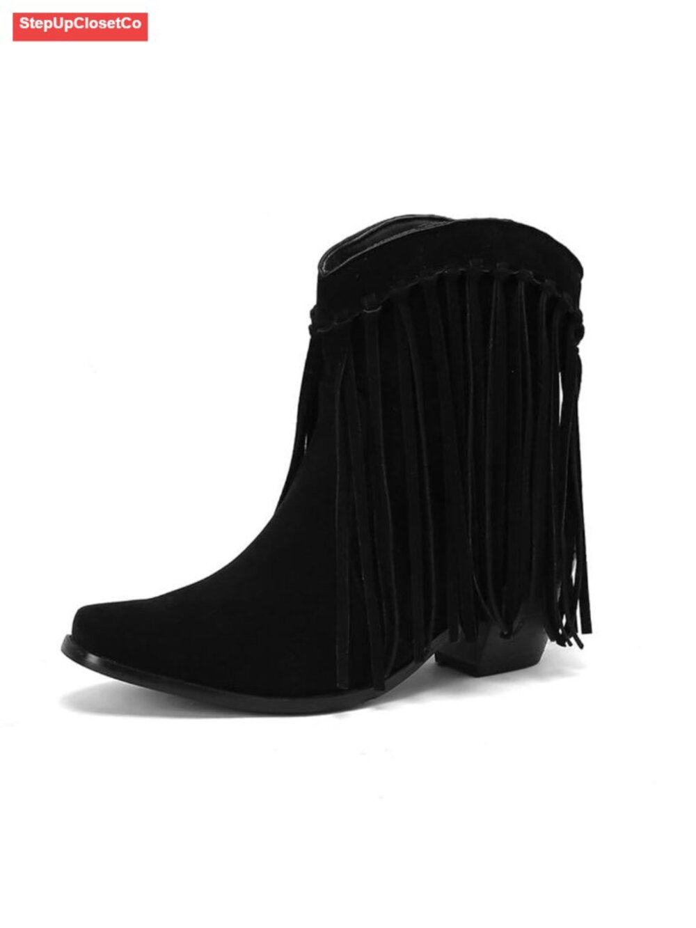 Fringe Ankle Cowboy Boots for Women Pull On Western Suede Booties Square Toe